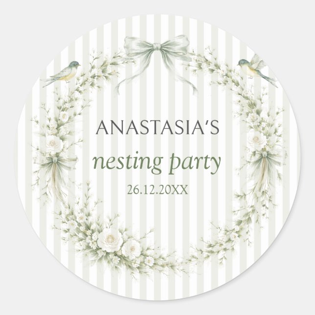 Pegatina Redonda Sage Green Nesting Party Baby Shower (Anverso)