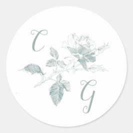 Pegatina Redonda Sage Green Rose Line Art Monogram Wedding