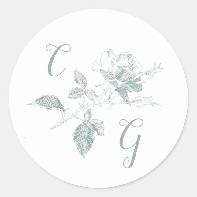 Pegatina Redonda Sage Green Rose Line Art Monogram Wedding (Anverso)