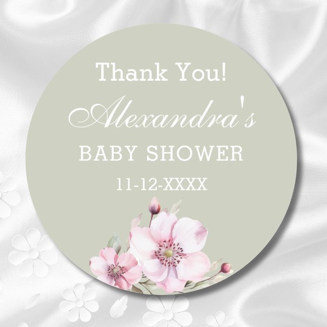 Pegatina Redonda Sage Green Rubor Pink Roses Baby Shower Gracias (Subido por el creador)