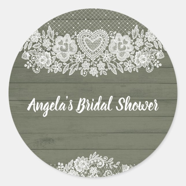 Pegatina Redonda Sage Green Rustic Wood Lace Farmhouse Barn Moda (Anverso)
