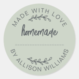 Pegatina Redonda Sage Green Script Made With Love Homemade Food Jar