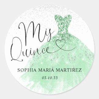 Pegatina Redonda Sage Green Silver Vress Mis Quince Quinceañera