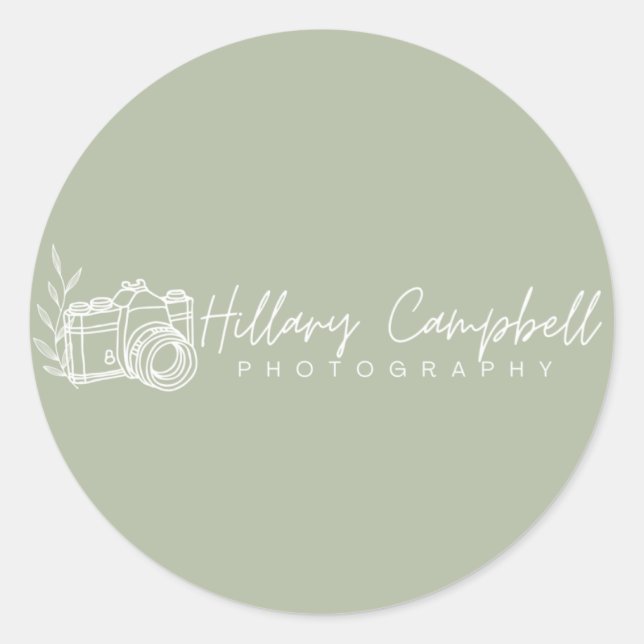 Pegatina Redonda Sage Green Simple Small Business Logo Promocional (Anverso)