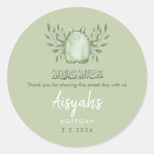Pegatina Redonda Sage Green Watercolor Baby Boy Aqeeqah (Anverso)
