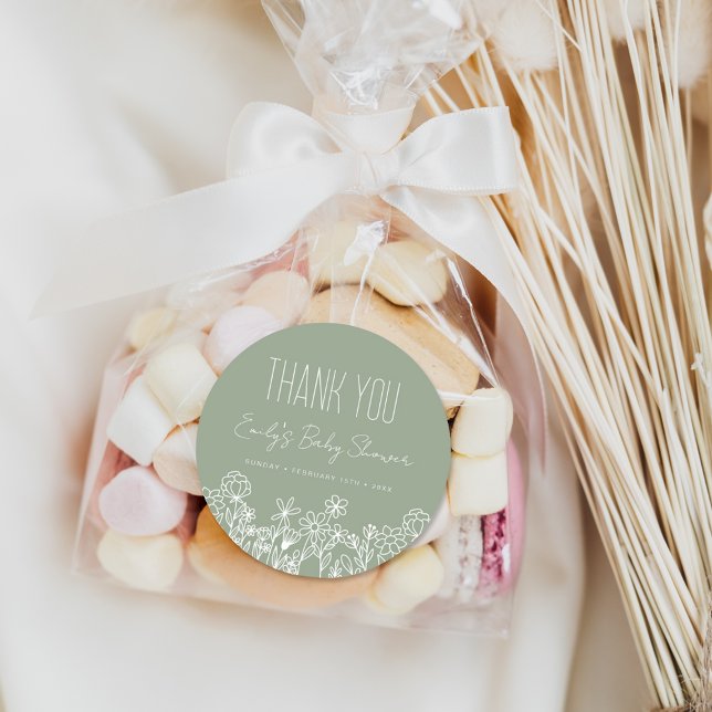 Pegatina Redonda Sage Green Wildflower Baby Shower Gracias (Subido por el creador)