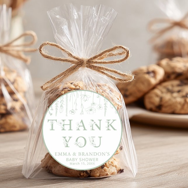Pegatina Redonda Sage Green Wildflower Baby Shower Thank You  (Sage Green Wildflower Thank You Sticker)