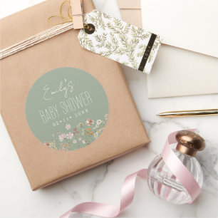 Pegatina Redonda Sage Green Wildflower Boho Baby Shower En Bloom
