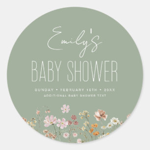 Pegatina Redonda Sage Green Wildflower Boho Baby Shower En Bloom