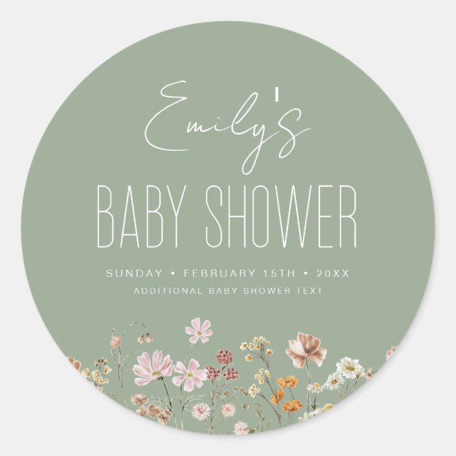 Pegatina Redonda Sage Green Wildflower Boho Baby Shower En Bloom (Anverso)