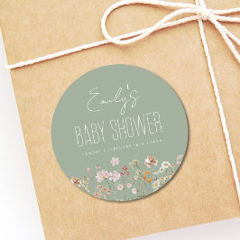 Pegatina Redonda Sage Green Wildflower Boho Baby Shower En Bloom