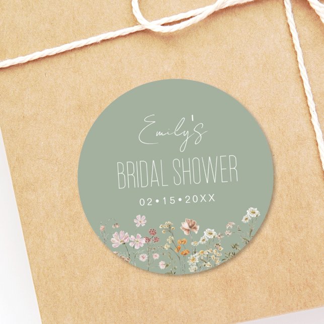 Pegatina Redonda Sage Green Wildflower Boho Bridal Shower Garden (Subido por el creador)