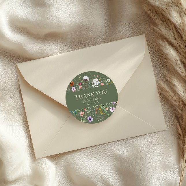 Pegatina Redonda Sage Green Wildflower Meadow Boda Gracias (Sage Green Wildflower Meadow Wedding Thank You Classic Round Sticker on an elegant wedding envelope)