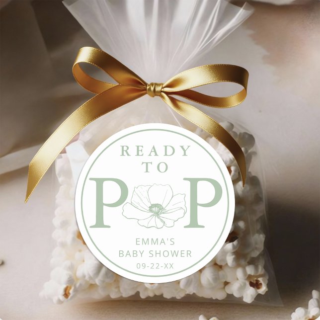 Pegatina Redonda Sage Green Wildflower Ready to Pop Baby Shower  (Ready To Pop - Sage Green Baby Shower Sticker)