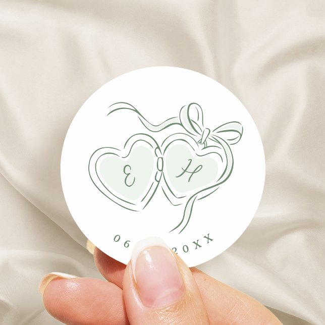 Pegatina Redonda Sage Hand Drawn Hearts Monogram Whimsical Wedding (Sage Hand Drawn Hearts Monogram Whimsical Wedding Classic Round Sticker)