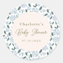 Pegatina Redonda Sage y azul polvoriento floral Baby Shower persona