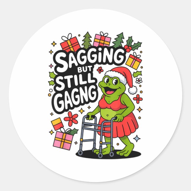 Pegatina Redonda Sagging But Still Gagging Funny Christmas Frog Hol (Anverso)