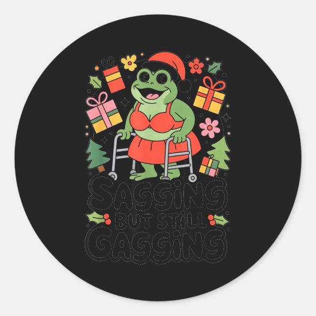 Pegatina Redonda Sagging But Still Gagging Funny Christmas Frog Hol (Anverso)