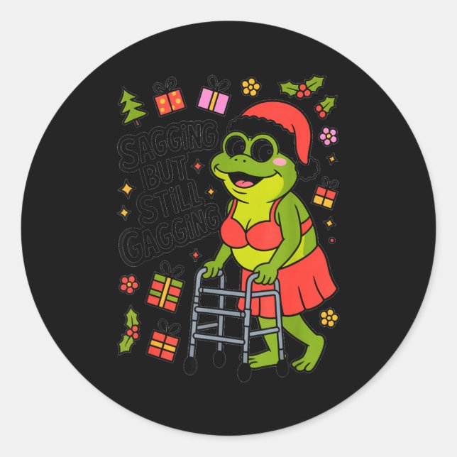 Pegatina Redonda Sagging But Still Gagging Funny Christmas Frog Hol (Anverso)