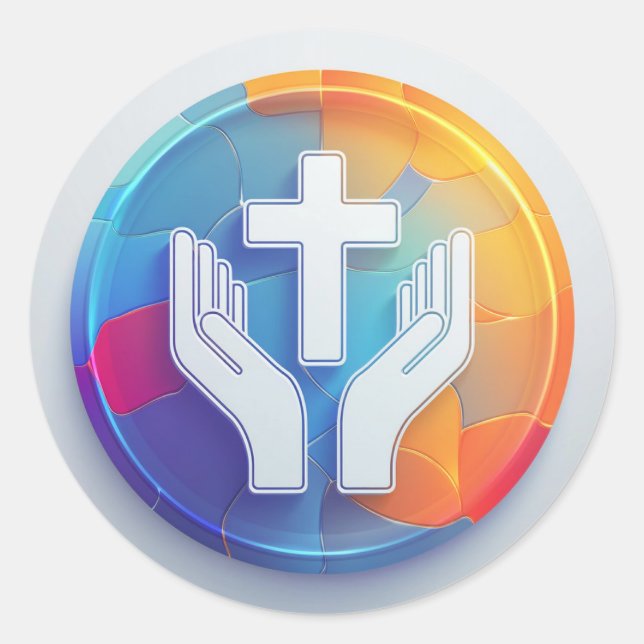 Pegatina Redonda Sagrada Cruz y Manos de Oración (Anverso)