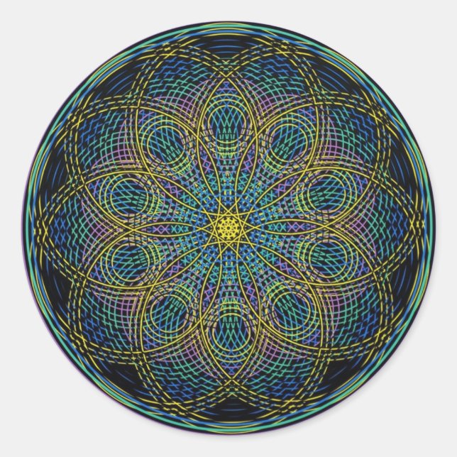 Pegatina Redonda Sagrada Geometría Mandala: Sinceridad - manos atad (Anverso)