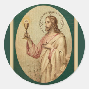 Pegatina Redonda Sagrado Corazón de Jesús con cáliz y eucaristía