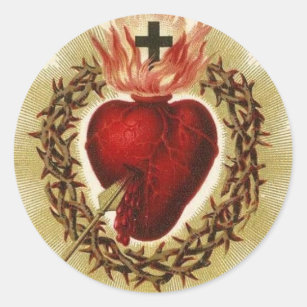 Pegatina Redonda Sagrado Corazón de Jesús Vintage Católico Religios
