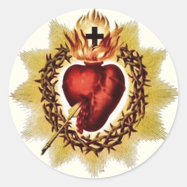Pegatina Redonda Sagrado Corazón Religioso de Jesús Católico (Anverso)