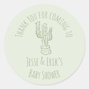 Pegatina Redonda Saguaro Cactus Dibujado a Mano Verde Baby Shower