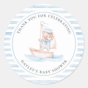 Pegatina Redonda Sailor Bear Blue Stripe Baby Shower