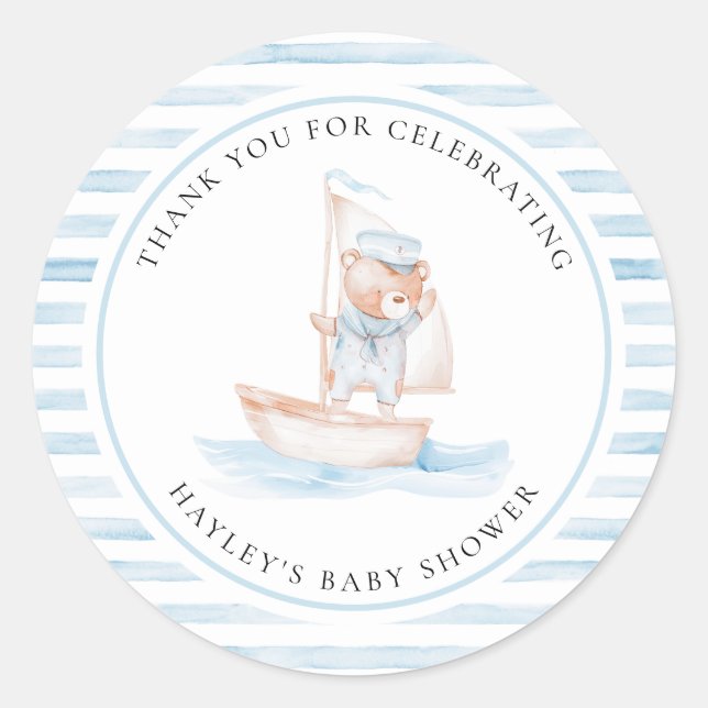 Pegatina Redonda Sailor Bear Blue Stripe Baby Shower (Anverso)