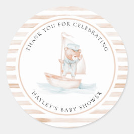 Pegatina Redonda Sailor Bear Tan Stripe Baby Shower