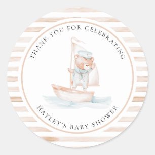 Pegatina Redonda Sailor Bear Tan Stripe Baby Shower
