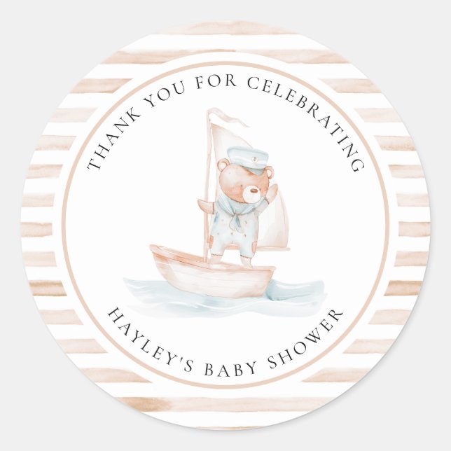 Pegatina Redonda Sailor Bear Tan Stripe Baby Shower (Anverso)