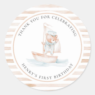 Pegatina Redonda Sailor Bear Tan Stripe Cumpleaños