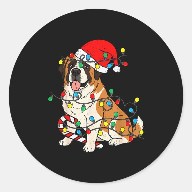 Pegatina Redonda Saint Bernard Dog Christmas Lights Santa Xmas Pet  (Anverso)