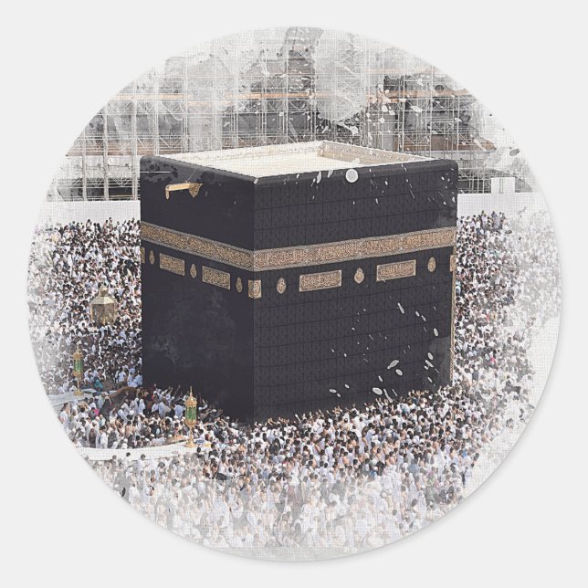 Pegatina Redonda Saint Kaaba, Masjid Al Haram, acuarela ilustrada (Anverso)