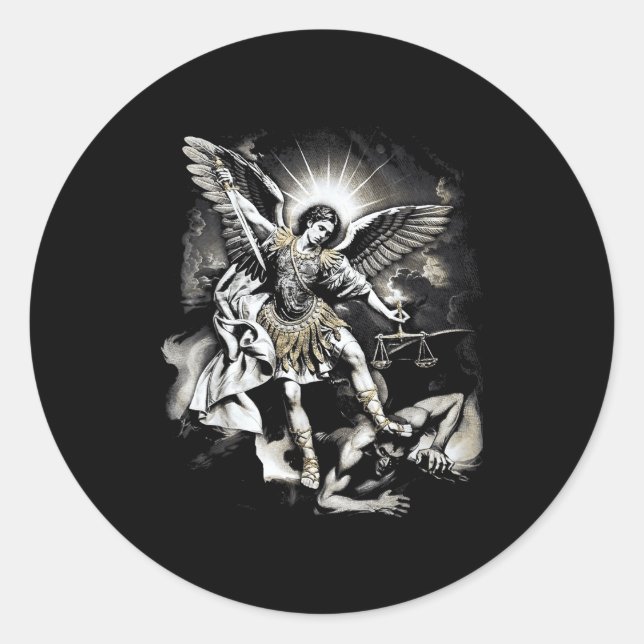 Pegatina Redonda Saint Michael Defeating Satan Archangel Warrior  (Anverso)