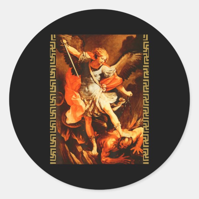 Pegatina Redonda Saint Michael Defeating Satan Archangel Warrior  (Anverso)