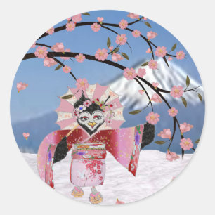 Pegatina Redonda Sakura Geisha Pájaro en la Nieve Flor de Cerezo