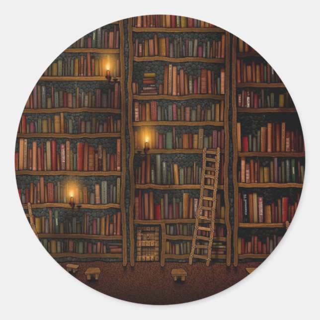 Pegatina Redonda Sala de lectura de biblioteca antigua (Anverso)