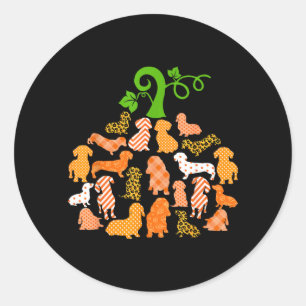 Pegatina Redonda Salchicha forma de calabaza cuadros leopardo perro