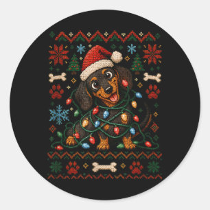 Pegatina Redonda Salchicha Gorro de Santa Navidad Fea Hilo Perro Ma
