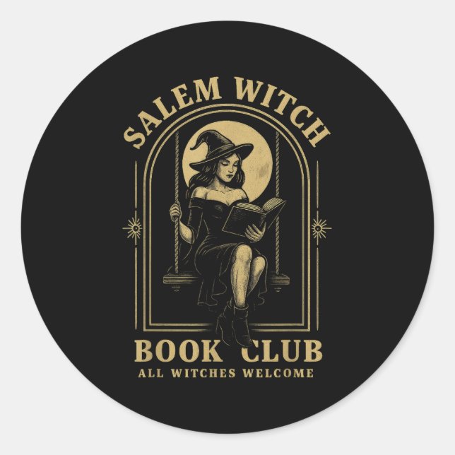 Pegatina Redonda Salem Witch Book Club Bookish Halloween Full Moon  (Anverso)