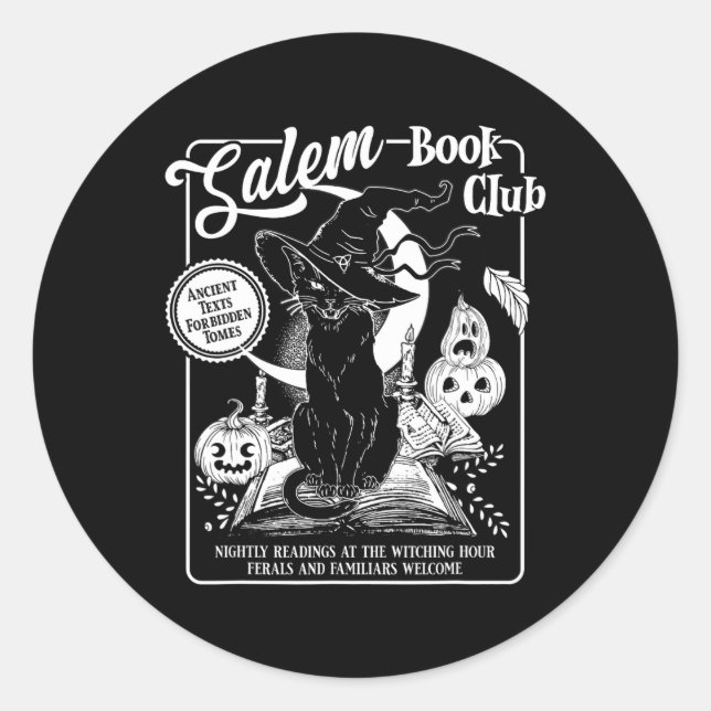 Pegatina Redonda Salem Witch Book Club Bookish Retro Halloween Blac (Anverso)