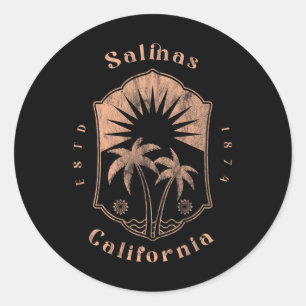 Pegatina Redonda Salinas California Retro Surfista Playa Vintage