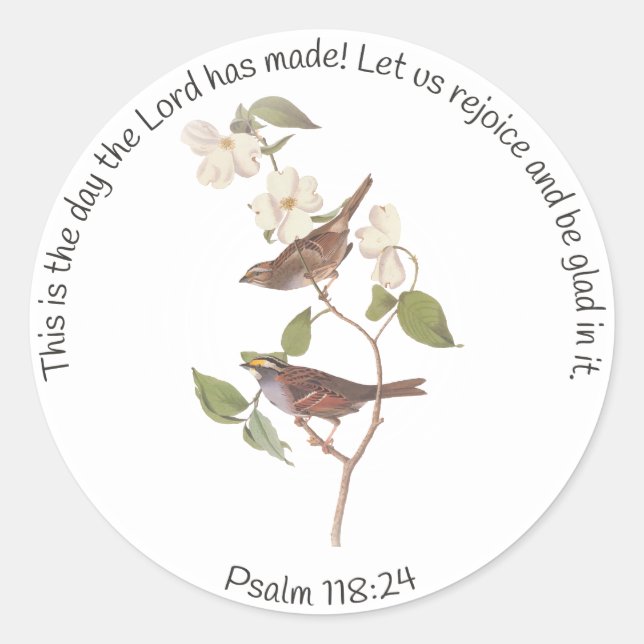 Pegatina Redonda Salmo 118:24 Biblia Verse y Sparrow Parr (Anverso)