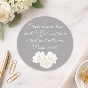 Pegatina Redonda Salmo 51:10 Crear En Mí Blanco Floral Cristiano