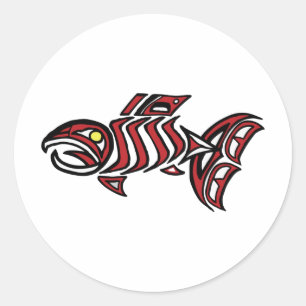 Pegatina Redonda Salmón de Haida
