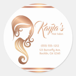Pegatina Redonda Salón de Belleza Chic Rose Gold Girl Cabello y Maq